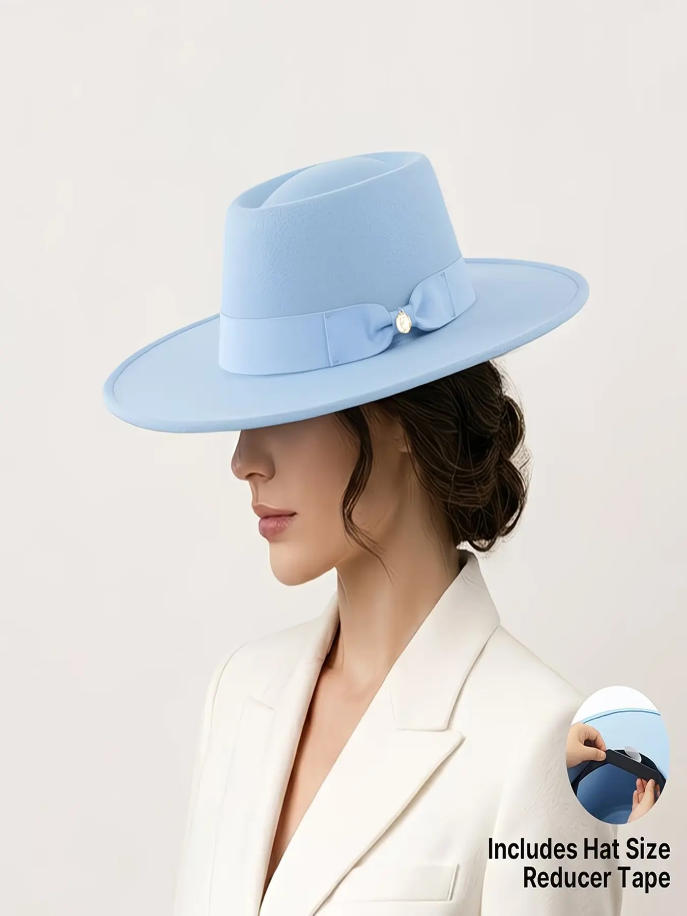 Large Brim Fedora Hat with Bow Metal Pendant, Adjustable Drawstring Summer Sun Hat, Woolen Cap with Headband, Dual Layer Packaging