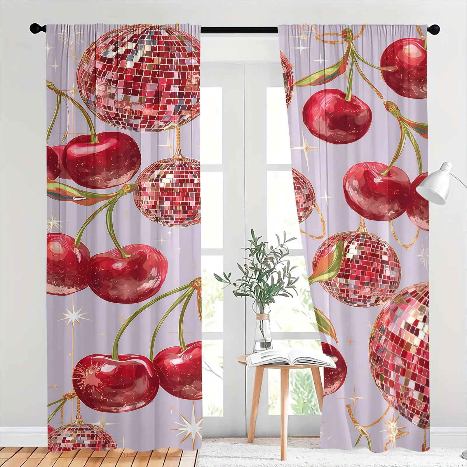 Cherry Pattern Brushed Fabric Semi-Blackout Curtains, Two-Piece Set, Suitable For Bedroom And Living Room, Multiple Sizes Available
