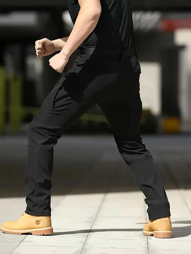 Men's Solid Color Button Fly Side Pocket & Zipper Tactical Work Pants, Durable Multifunctional Pants for Outdoor Activities, Suitable for Hiking, Fishing, Athletic Bottoms