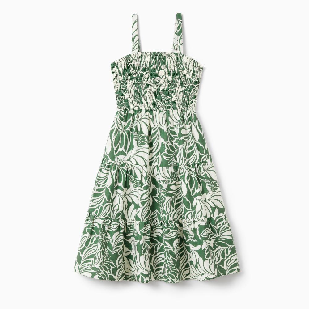 PatPat Family Matching Leaf Print Short-sleeve Shirt or Halter Dress Green Set Spingtok