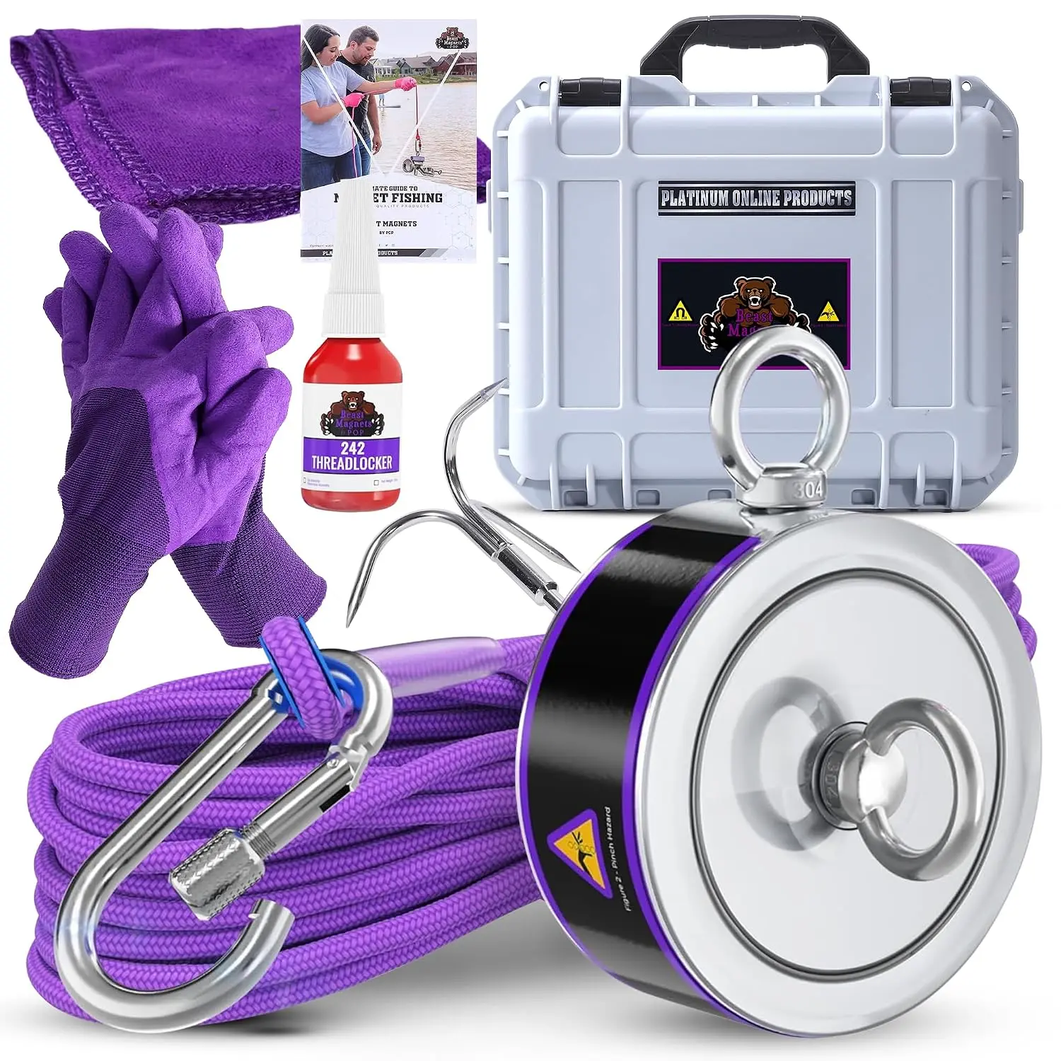 2600LB’s Complete Fishing Kit| Sided Fishing Kit with Case| Includes Neodymium N52 Magnets, 65ft Rope, Carabiner, Gloves, Grappling Hook & Carry Case