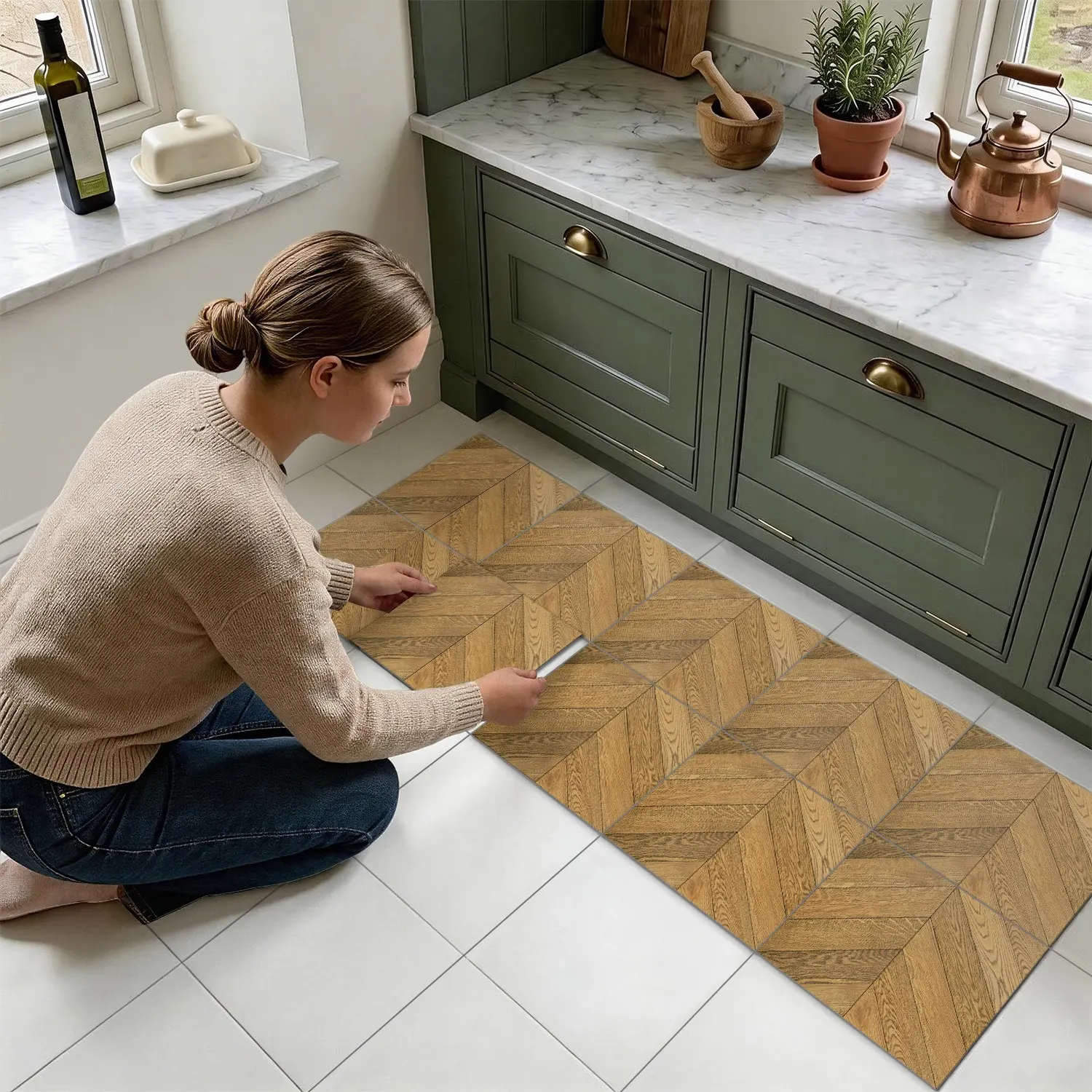 10PCS Per Box PTS Frosted PVC Peel & Stick Tile Stickers, Warm Brown Retro Herringbone Wood Grain, Waterproof Oil-Proof Shock Resistant DIY Decals For Kitchen, Bathroom, Old Tile & Wood Panel Home Decor Decorative Floor Sticker