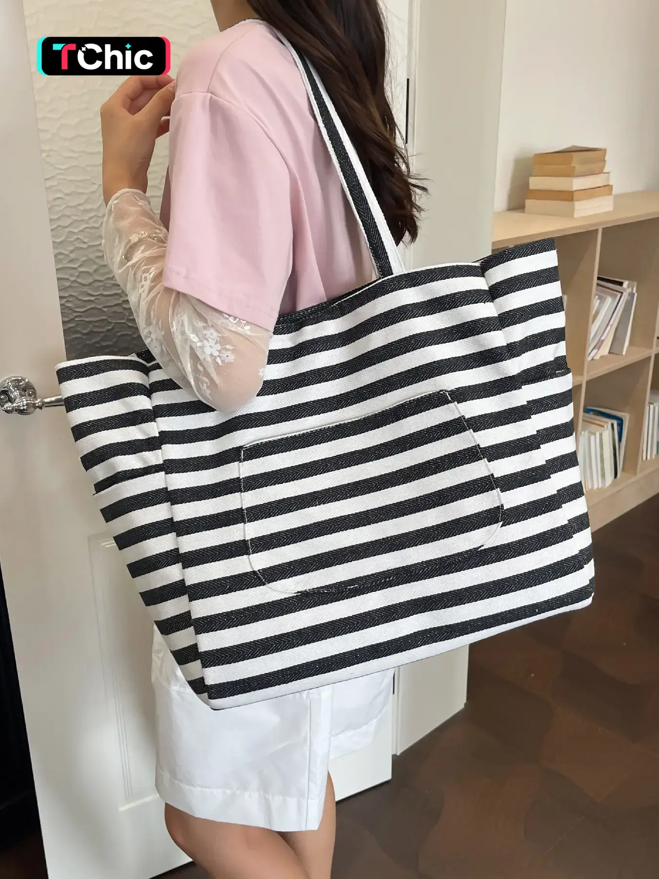 Striped canvas large capacity tote bag, Casual commuting bag, double-layer thickened same-pattern long handle shoulder strap, lined interior large capacity for books, laptops French commuting shopping versatile striped shoulder and underarm