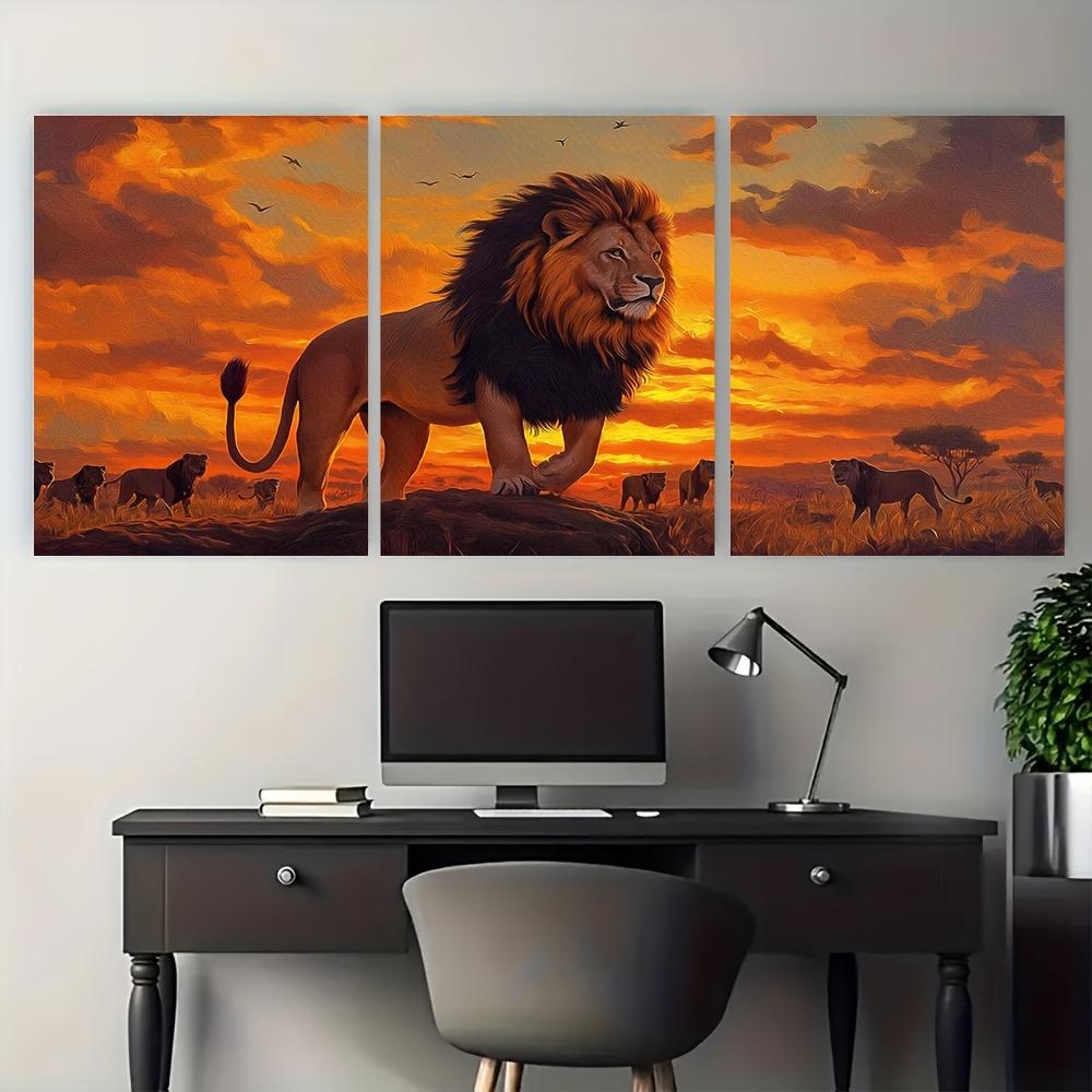 3pcs Lion Wall Art with Frame - Traditional Lion Dance Panels, Majestic Lion & Mane, Polyester Fiber Canvas Suitable for Living Room, Bedroom, Office Decor - Cultural Animal-Themed Hanging Art, 2D Flat, Perfect for Room Decor
