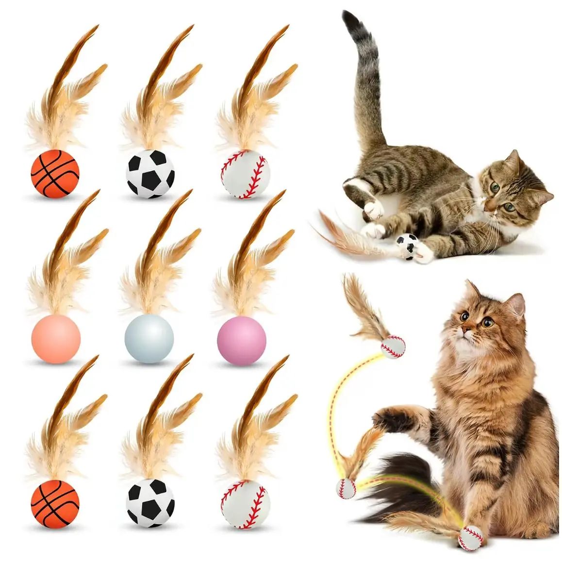 Fur Babies 9PCS Interactive Feather Ball Toy for Cats, New Cat Bouncy Ball with Feather Tails, Elastic Cat Toy Balls for Indoor, Rolling Balls for Cats Playing Exercise