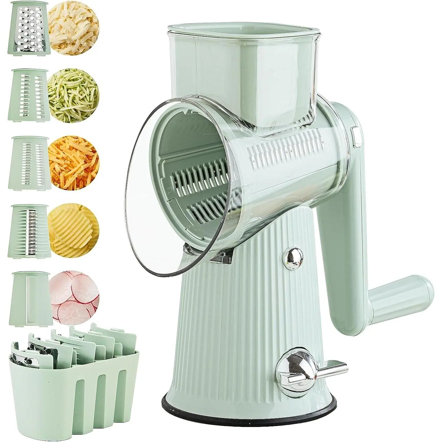 Rotary Cheese Grater with Handle: 5 in 1 Cheese Grater Hand Crank Cheese Shredder with Strong Suction Base Kitchen Vegetable Slicer with 5 Interchangeable Blades, Storage Box, Green