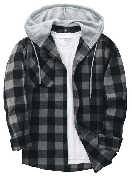 Men's Flannel Hooded Plaid Shirt Jacket, Casual Button-Down Long Sleeve Fashion with Pockets, Stylish Men's Outerwear, Menswear