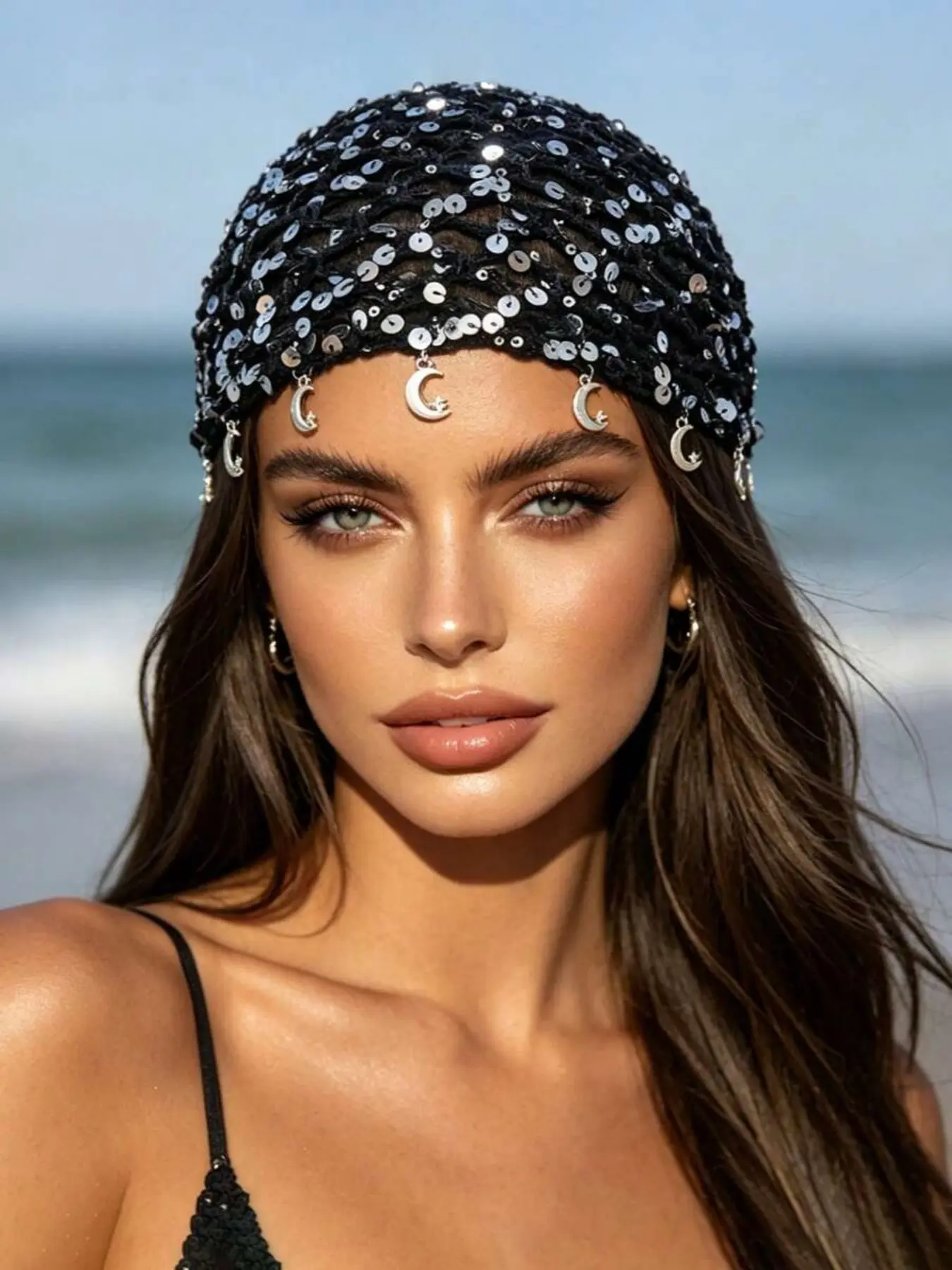 Boho Rhinestone Knit Beanie Hat, Pearl Shell Pendant Hollow Mesh Beret, Party Beach Holiday Multifunctional Hair Accessory