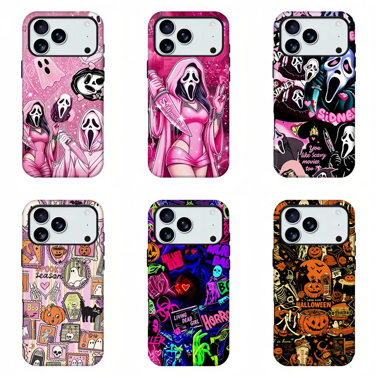 Pink Ghostface Scream Horror Phone Case,Y2K Creepy Cute Gothic Aesthetic Phone Shell,Spooky Halloween Scary Movie Collage Print Hard Protective Cover Compatible For iPhone 11-17 Pro Max,Samsung S21-S26,Gift