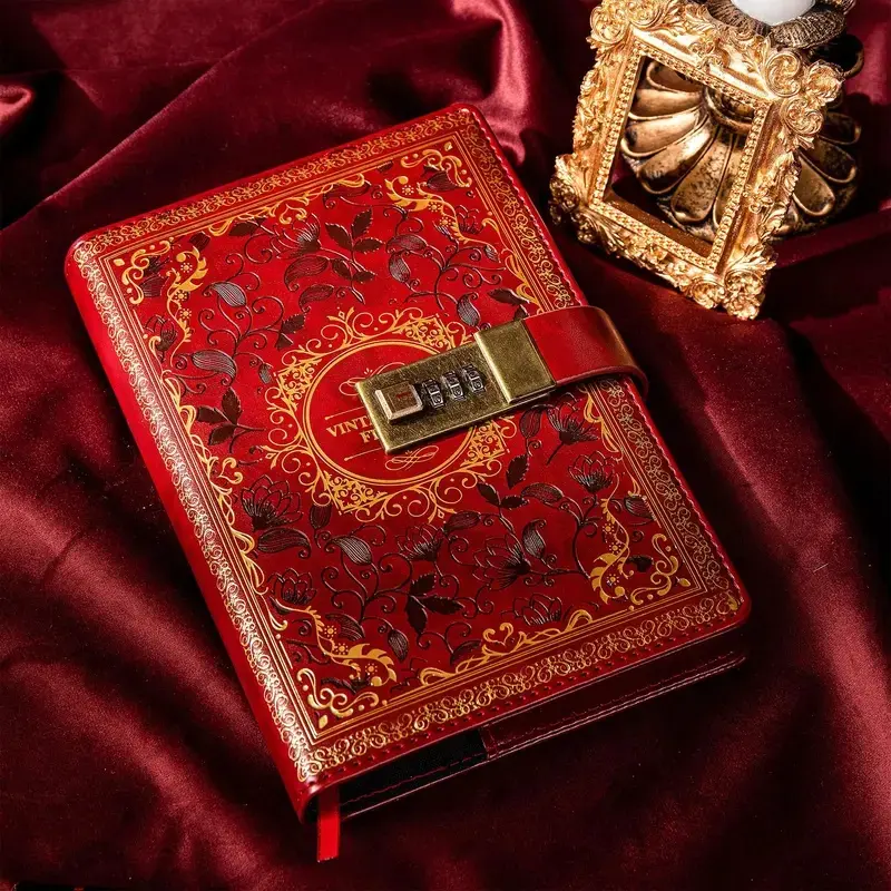 A5 PU Leather Combination Lock Journal Notebook, Vintage Embossed Hardcover Diary with Lined Paper