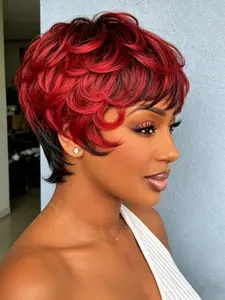 Short Layered Wavy Curly Pixie Cut Human Hair Wig with Bangs, Ombre 1B/99J 1B27 Two Tone Colored Wigs for Women