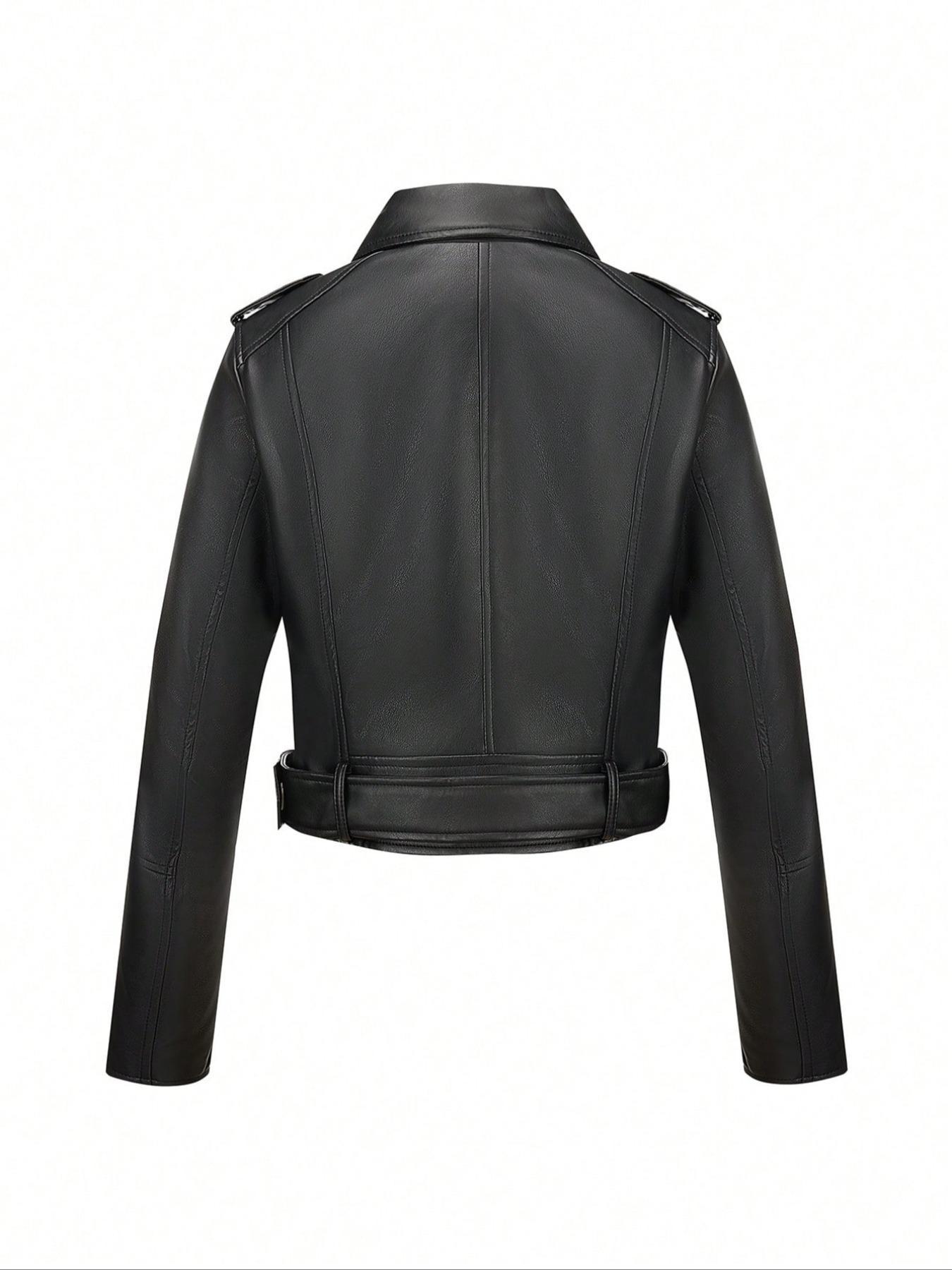 Women's Spring Jacket Vintage Street PU Coat, Fall Winter Casual Faux Leather Stand Collar Zipper Short Fitted Motorcycle Jacket with Belt