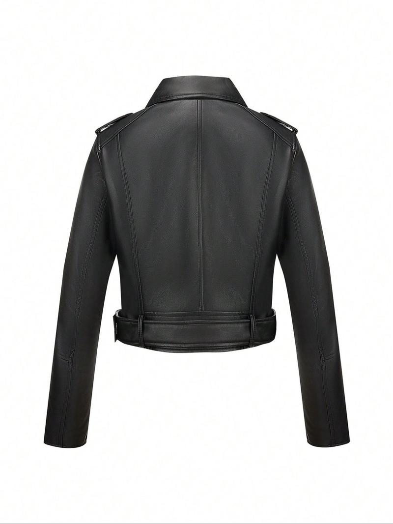 Women's Spring Jacket Vintage Street PU Coat, Fall Winter Casual Faux Leather Stand Collar Zipper Short Motorcycle Jacket with Belt