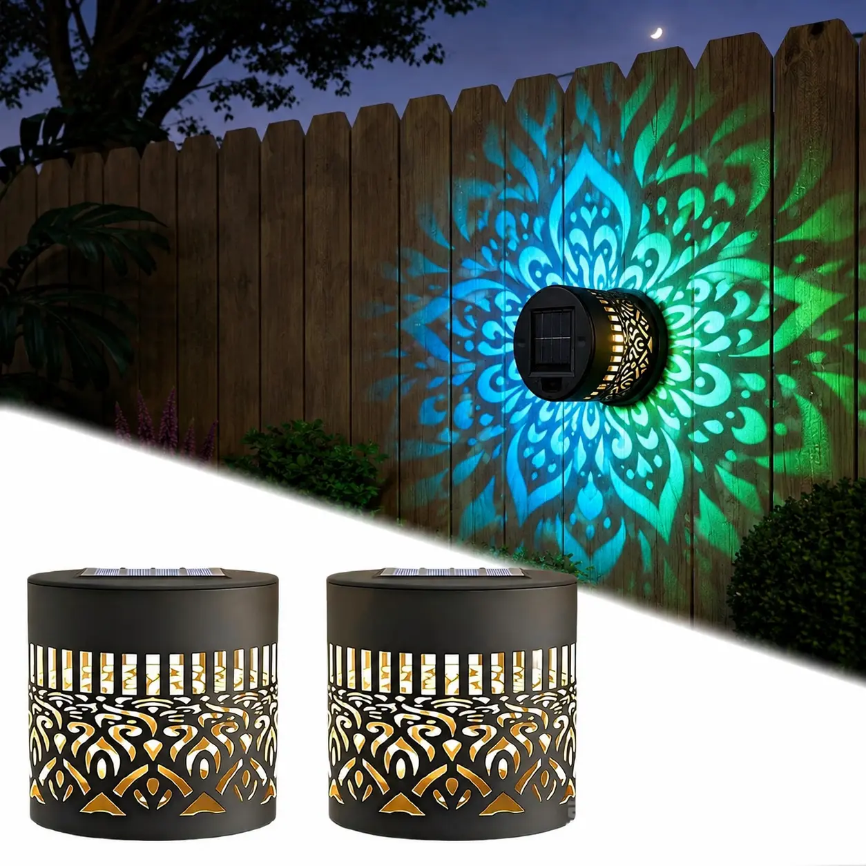 2Pcs Solar Mandala Hollow-Out Projection Wall Light – 7 Color Changing RGB, Waterproof Metal Fence Lights, Outdoor Lighting Essentials Decorative Lamps for Yard, Garden, Patio, Backyard Decor