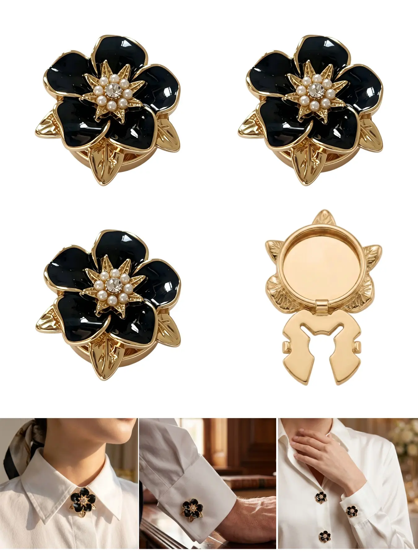 4PCS Blooming Flower Button Covers with Pearl Rhinestone Design, Clip-On Shirt Button Covers, Detachable Reusable Cuff Button Accessories, DIY Fashion Clothing Decorations for Shirts, Pants, Skirts and Holiday Outfits