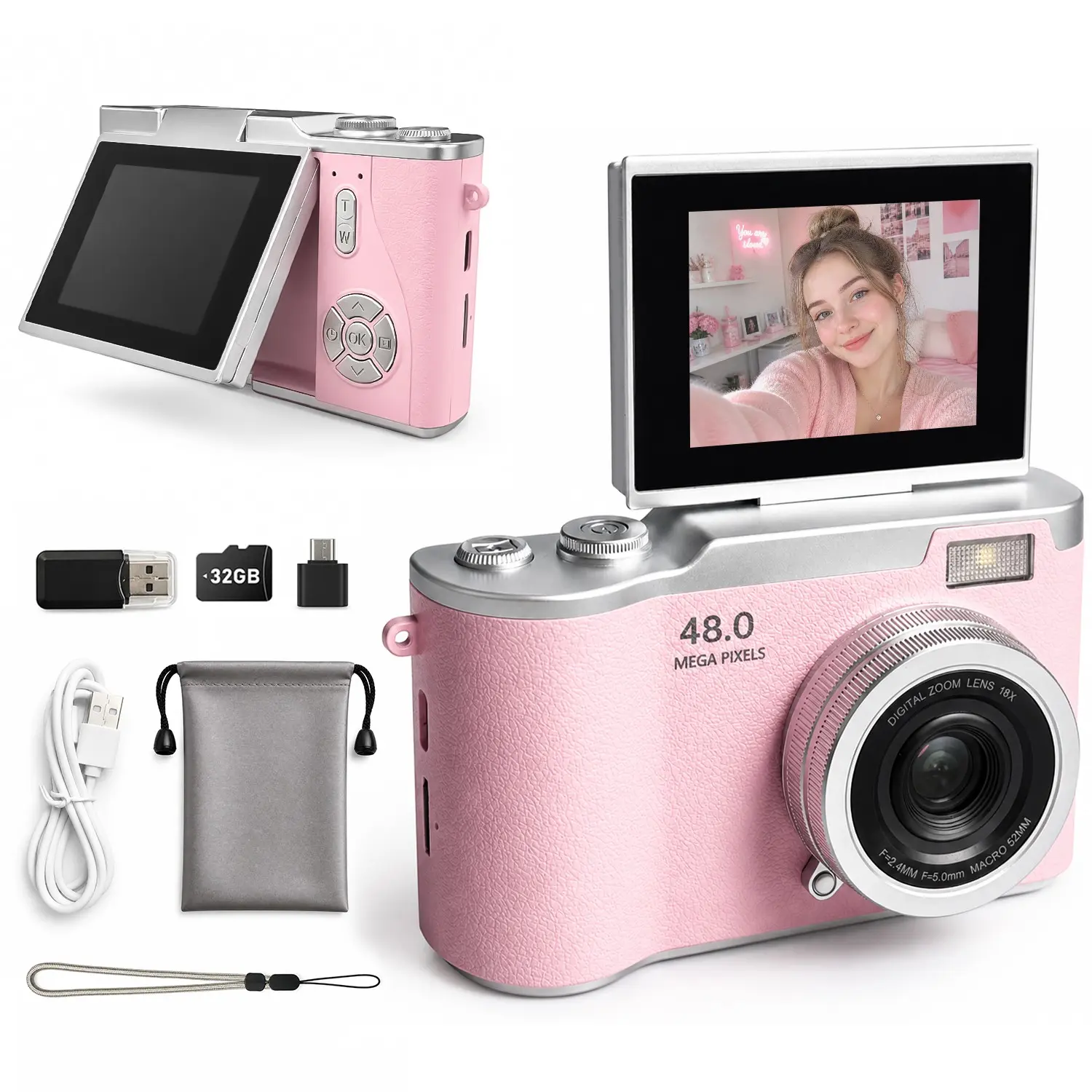 Portable Digital Camera Lk-007, Compact 180° Flip Screen, 1080P HD, 48mp Image, 8x Zoom, 32GB Card, Perfect for Vlogging and Photography