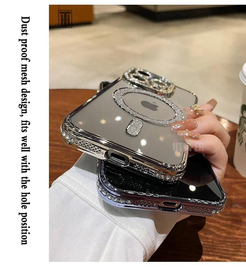 Luxury Bling Crystal Lens Film Phone Case For iPhone 15 11 12 13 14 Pro Max Plus Magsafe Magnetic Wireless Charging Clear Cover