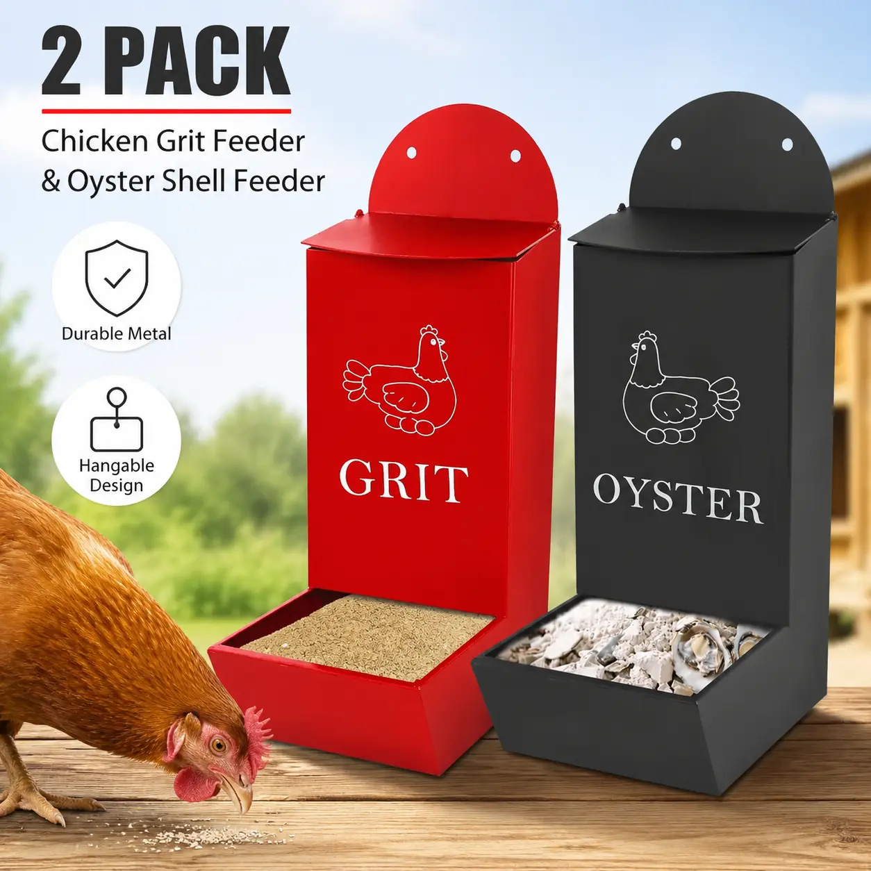 2Pack Chicken Grit Feeder, Metal Oyster Shell Feeder with Lid, Hanging Gravity Chicken Poultry Feeders Trough, Coop Accessories Supplies
