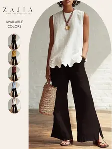 Women's Linen Two-Piece Matching, Scalloped Sleeveless Top & High Waist Split Wide Leg Pants, Casual Summer Fashion, 4 Colors Available