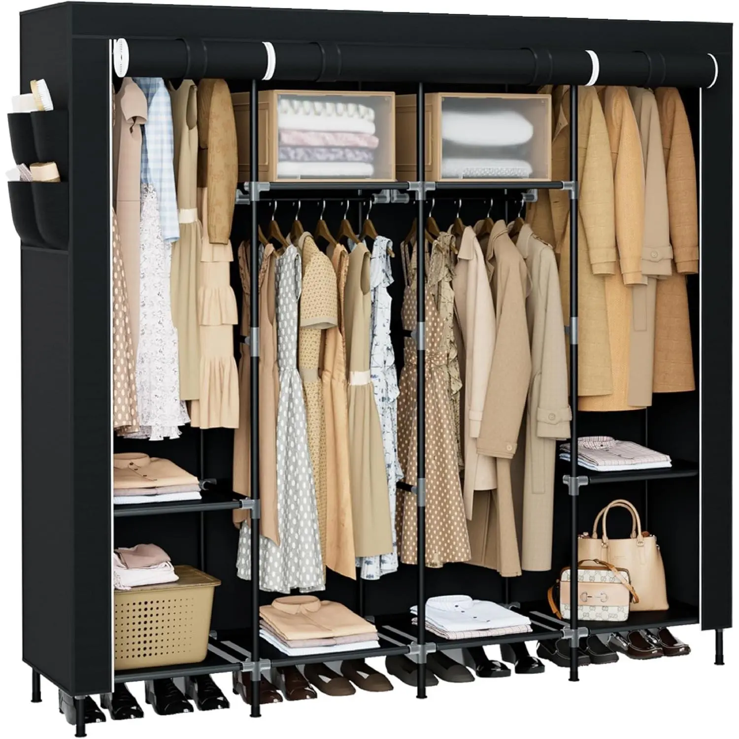 CASAMAYA Portable Closet, 66.9 Inch Large Capacity Wardrobe Closet with Cover, Clothes Storage Organizer with Shelves and 4 Hanging Rods, Easy to Assembly, Black PCT204B01
