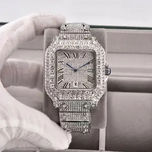 Iced Out Full Diamond Square Watch, Santos Style Roman Numeral Dial Automatic Mechanical Watch, Luxury Hip Hop Men's Wristwatch with Date Display