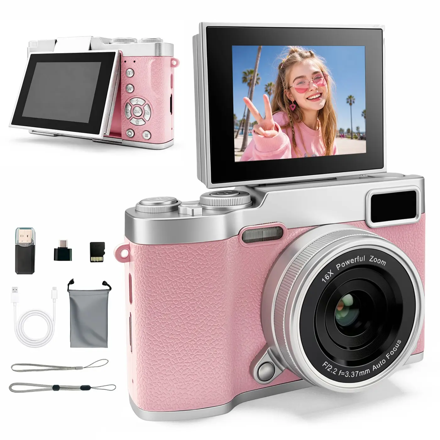Flip Screen Retro Camera for Girls, Portable Pocket Camera, Cute Pocket Digital Camera with Filters, Vintage Student Camera, Entry-Level Camera with Memory Card, Perfect Gift for Christmas, Back to School