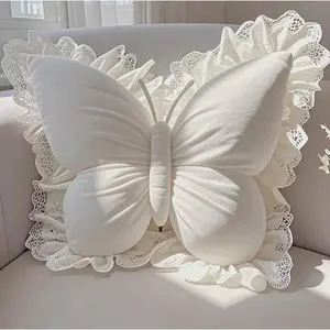 Butterfly Pillow, Elegant Retro Floral Lumbar Support Back Cushion with Butterfly Embellishment for Bedroom Aesthetic Decor for Women
