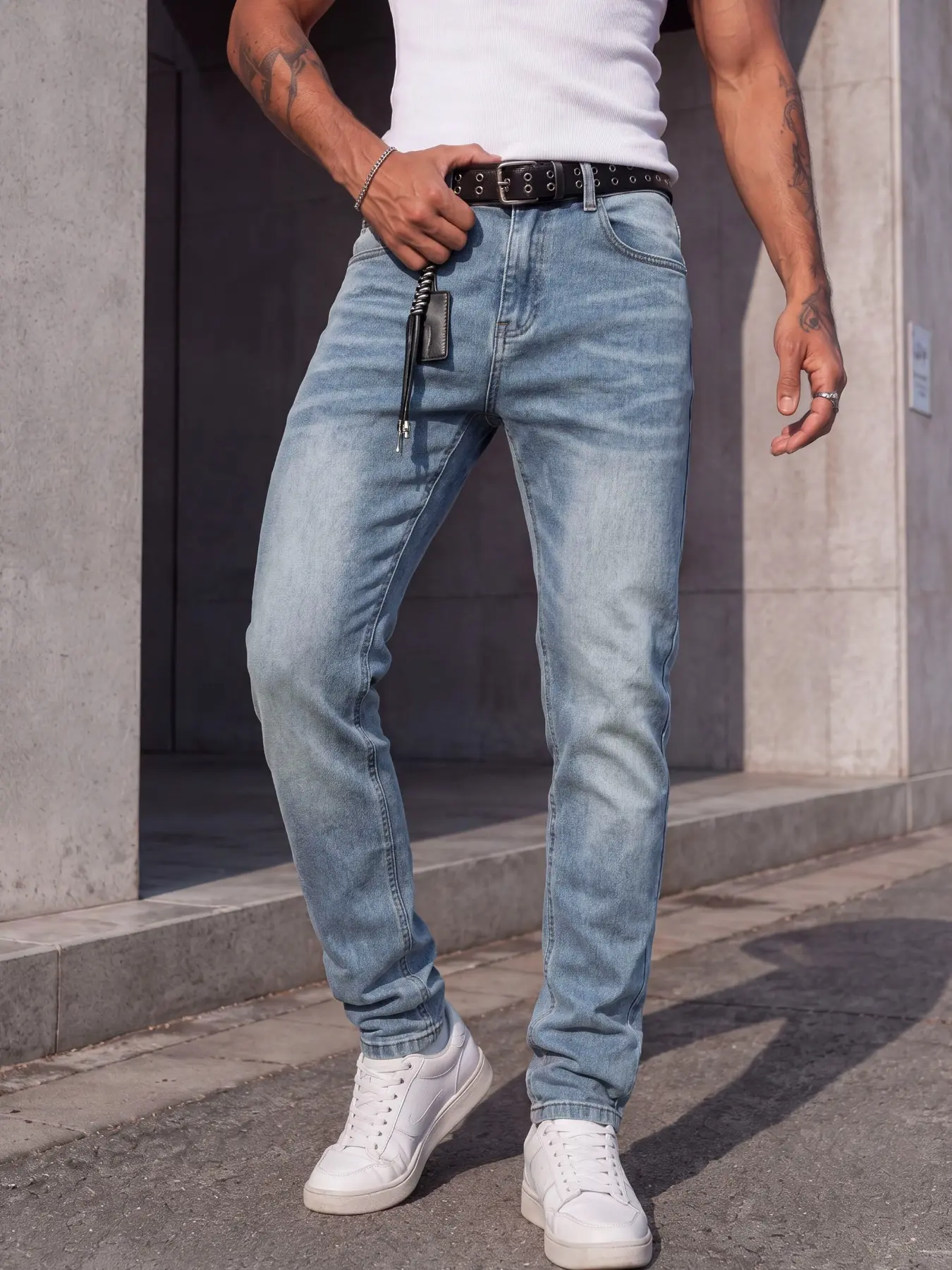 Men's all-season blue washed stretch skinny jeans, Casual Fashion Denim, whisker detailing, minimalist and versatile design, American trendy casual streetwear style