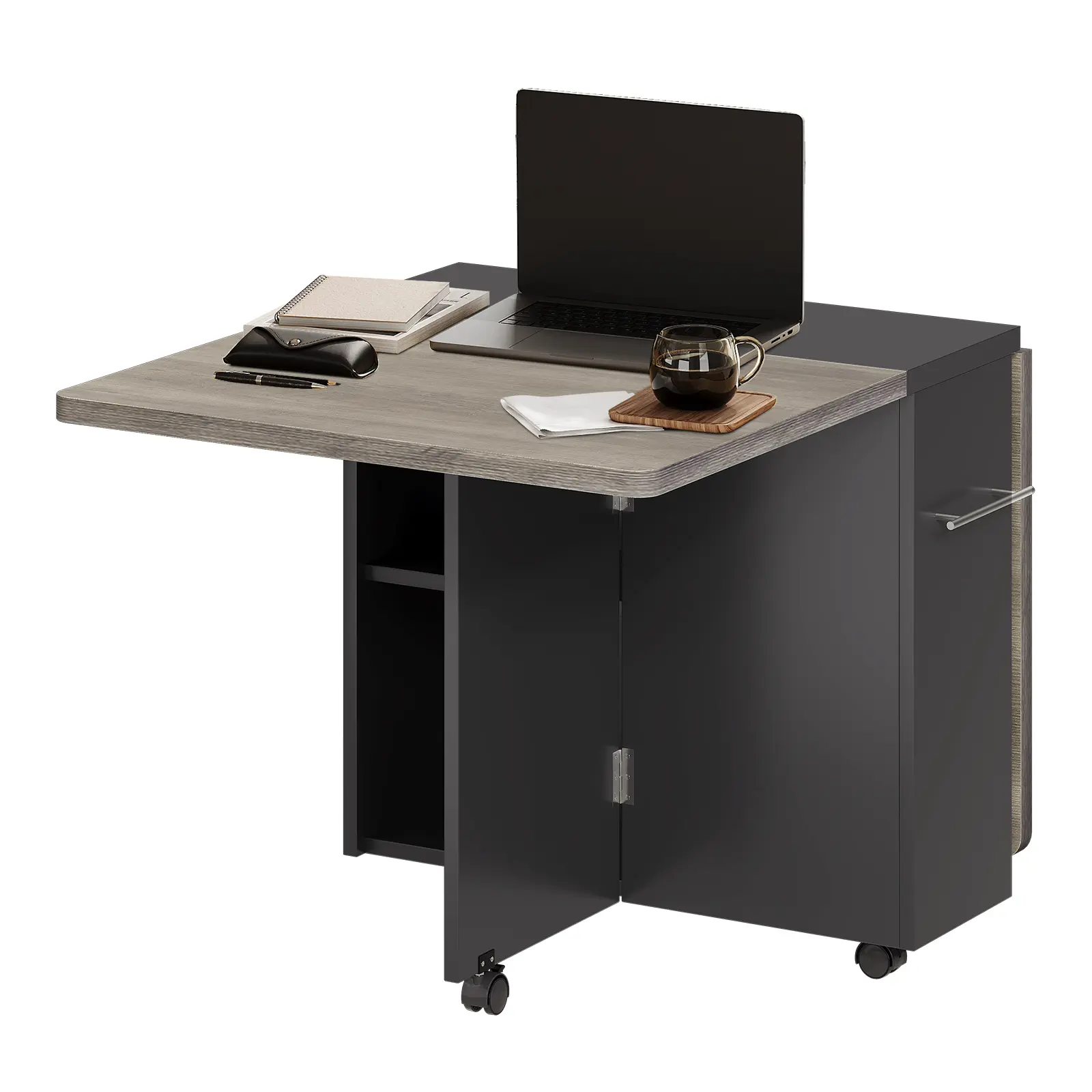 Foldable Dining Table Wooden Drop Leaf Kitchen Desk with 2 Tier Storage Shelves and Wheels for Small Space Apartment Multipurpose Table