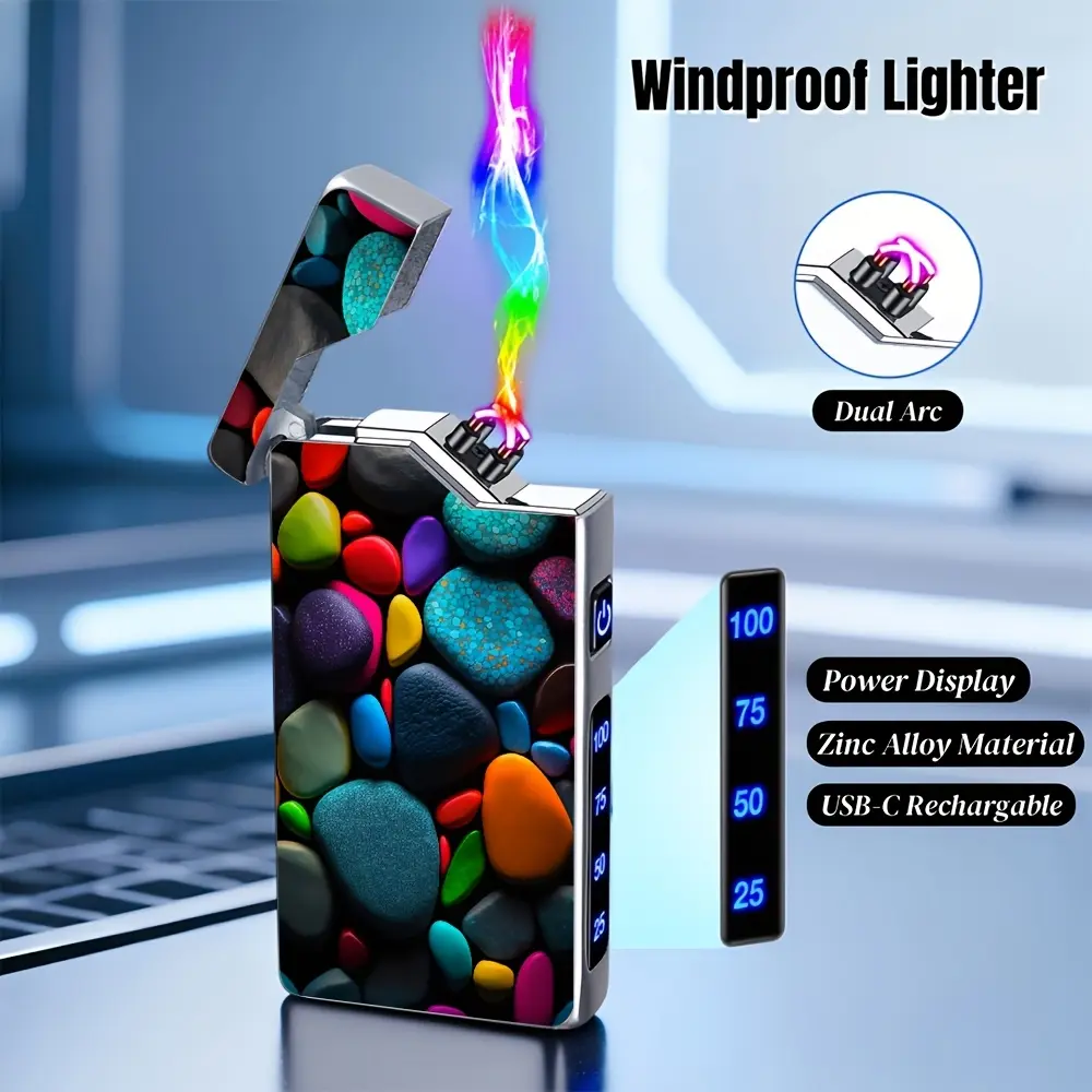 1pc of Colored Pebble Pattern Printed Metal Electronic Lighter, Flameless Windproof Pulse Dual Arc, USB-C Rechargeable with Power Display, Suitable for Daily Use, Parties, Outdoors, And High-Altitude Areas, a Gift for Valentine'S Day, Father'S Day