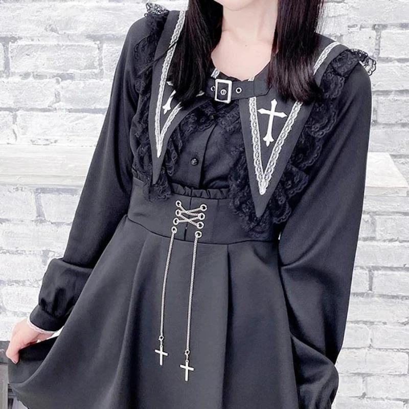 Japanese Gothic Lolita Loose Blouses Sweet Lace Ruffles Embroidery Sailor Collar Shirt Women Punk Style Y2k Long Sleeve Top 2026