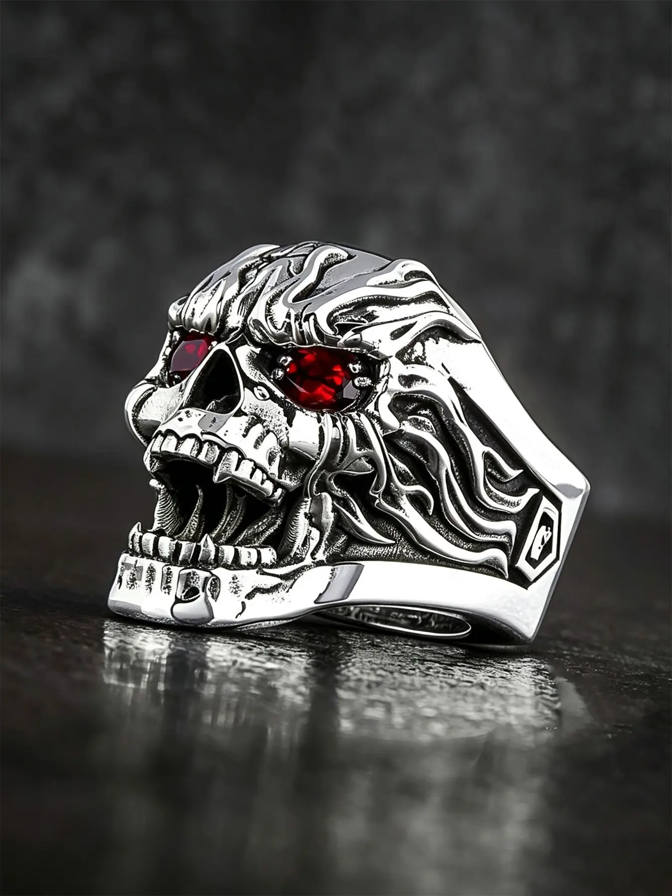 1 Piece Vintage Open Mouth Skull Ring For Men, Inlaid Red Cubic Zirconia Eyes Gothic Skeleton Finger Ring, Punk Rock Hip Hop Biker Statement Costume Jewelry Gift, Punk Style Ring, Dark Aesthetic Rings