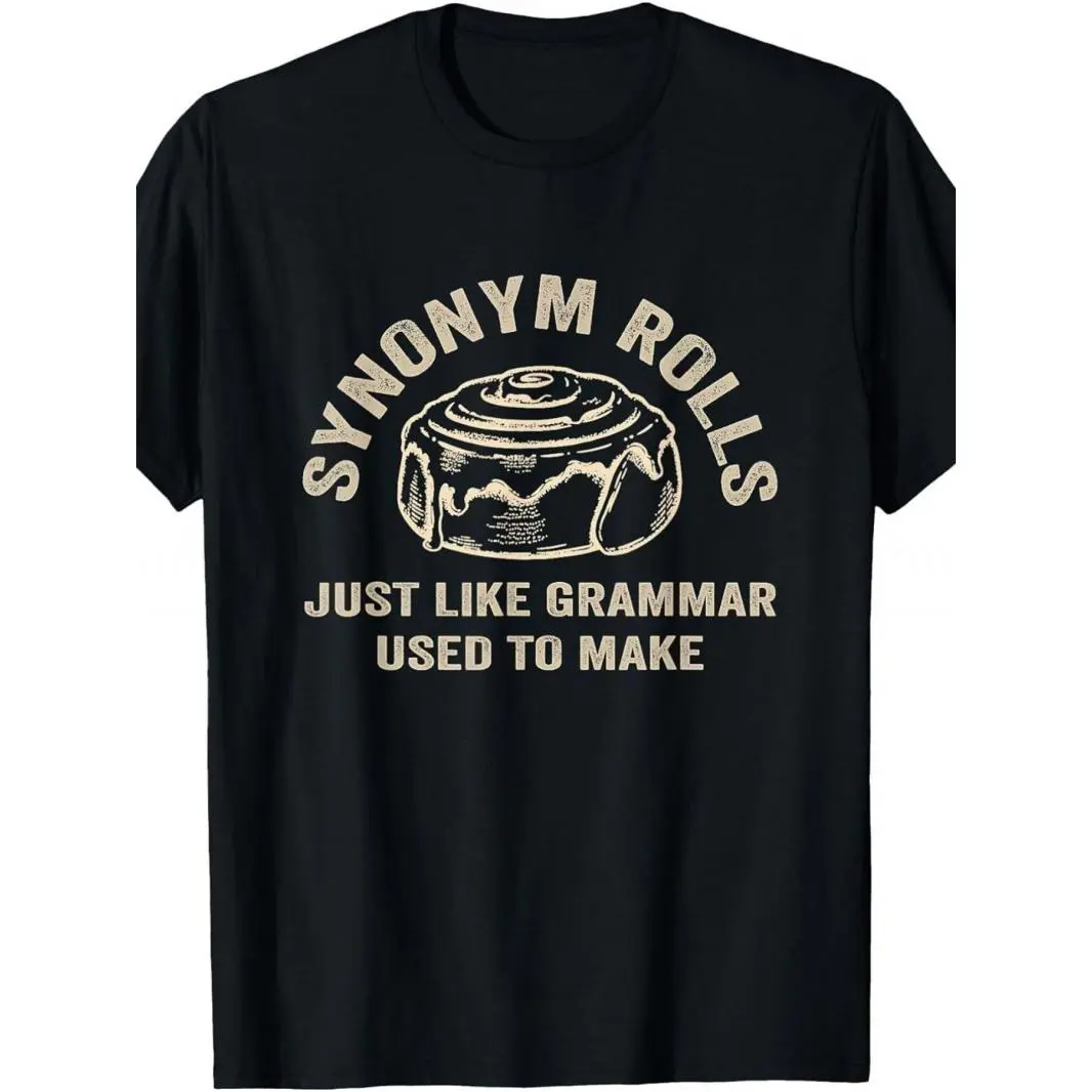 Unisex Funny Synonym Rolls Grammar Pun Graphic T-Shirt, Vintage Cinnamon Roll Print, Casual Crew Neck Short Sleeve Top, Gift for Educators & Word Lovers, All Season Wear