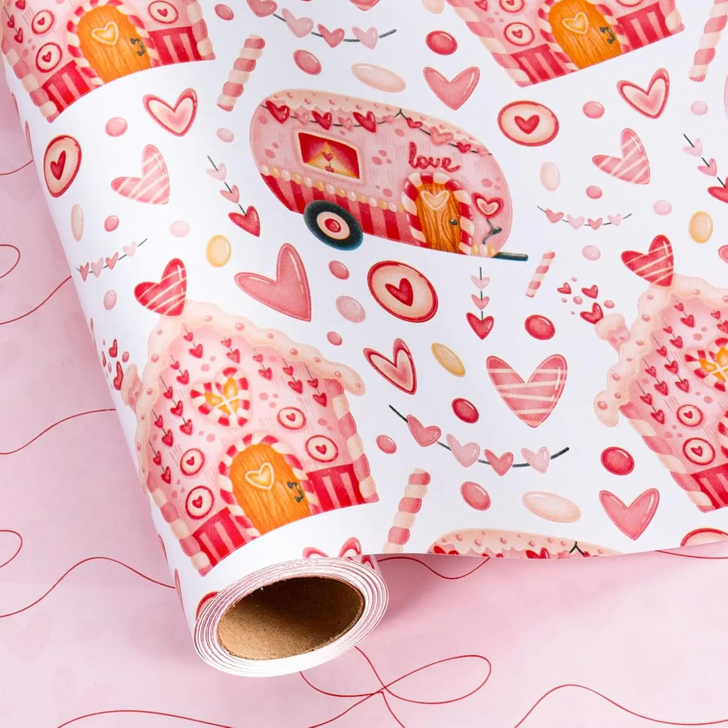 Valentines Day Wrapping Paper,  Heart Wrap Paper Love  House  Wrapping Roll for Girl Anniversaries Romantic Celebration, 17IN X 16.5FT