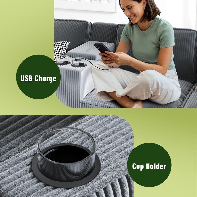 L-shaped 6-seater 133.4'' * 94.4'' Corduroy Sofa, Large Storage Armrests with Center Console, USB Charging, Left and Right Seats Can Be Switched Couch