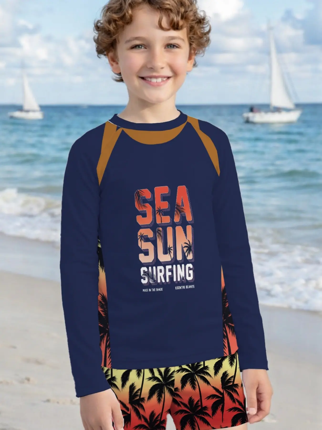 Boys' Navy Shoulder Surfing Suit, Coconut Tree Print Long Sleeve, Gradient Sunset Shorts Set, Quick-Dry Beach Swimwear