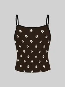 A girls' deep brown base with white daisy print thin strap vest, black edged adjustable thin shoulder straps, side pleated slimming camisole, pastoral Y2K vintage sleeveless top, suitable for little girls' daily wear, vacation, beach, and casual wear