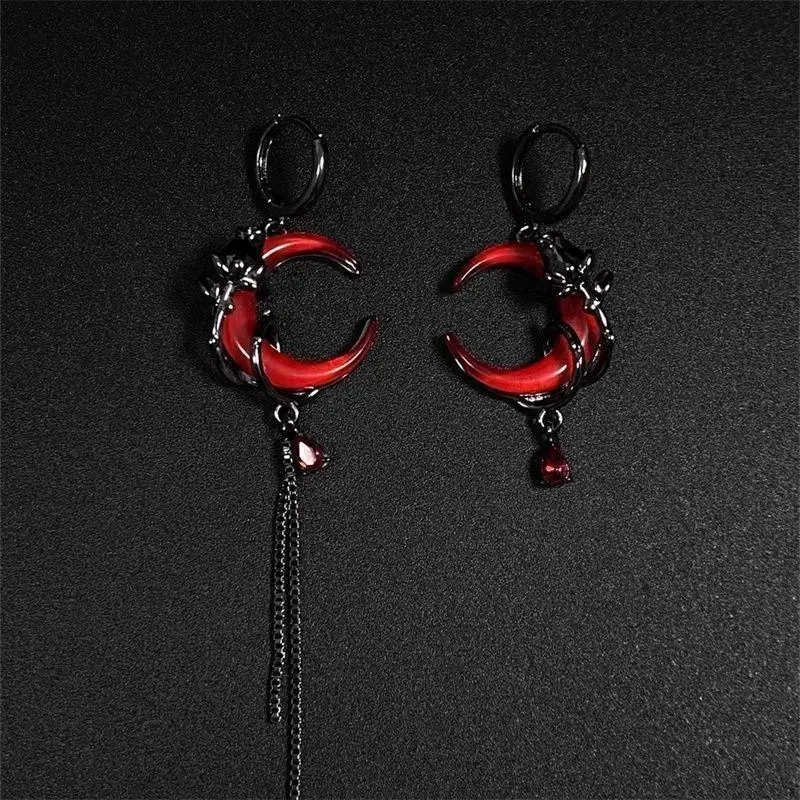 Fierce Black Gunmetal Dragon Earrings Head Turning Red Moon Stone Gothic Punk Vintage Wrap CZ Accent Halloween Statement Dangle Earrings for Women Men