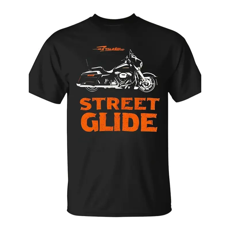 Street Glide Motorcycle Graphic Men’s Cotton T-Shirt, Biker Vintage Short Sleeve Tee For Harley Riders, Tshirt, Top, Streetwear, Fabric, Four Seasons