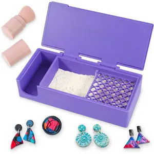 Upgraded Cornstarch Box for Polymer Clay,Polymer Clay Tools with Cleaning Brush and Removable Filter,Cornstarch Container with Sealed LId,Clay Earring Making Kit for  Making