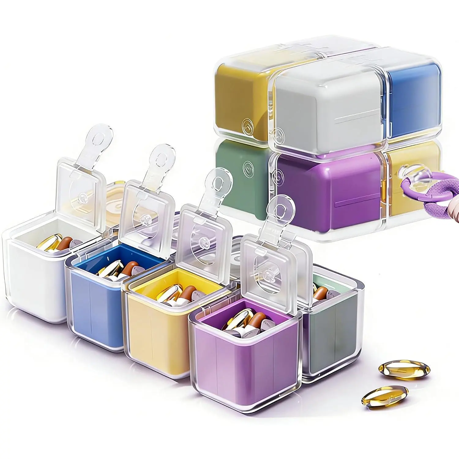 Colorful Cube Pill Organizer for Travel - Weekly 8-Compartment Portable Pill Case with Magnetic Closure, Detachable, Easy to Clean, for Vitamins, Medications, Supplements