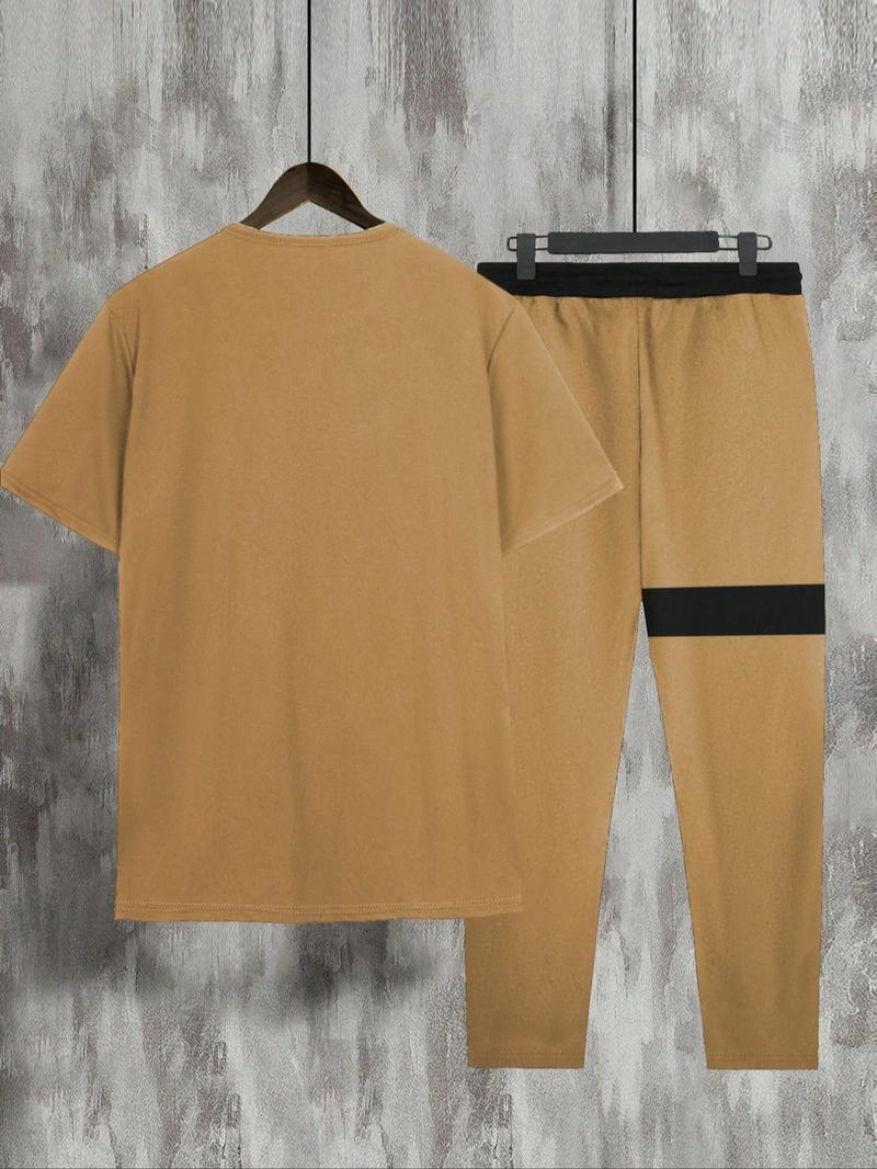 Two Counts Men's Patchwork Colorblock Print Pocket Pants Set, Casual Short Sleeve Tee & Drawstring Waist Pants, Men's 2 Piece Set, Fashion Men's Outfits For Summer, Clothing