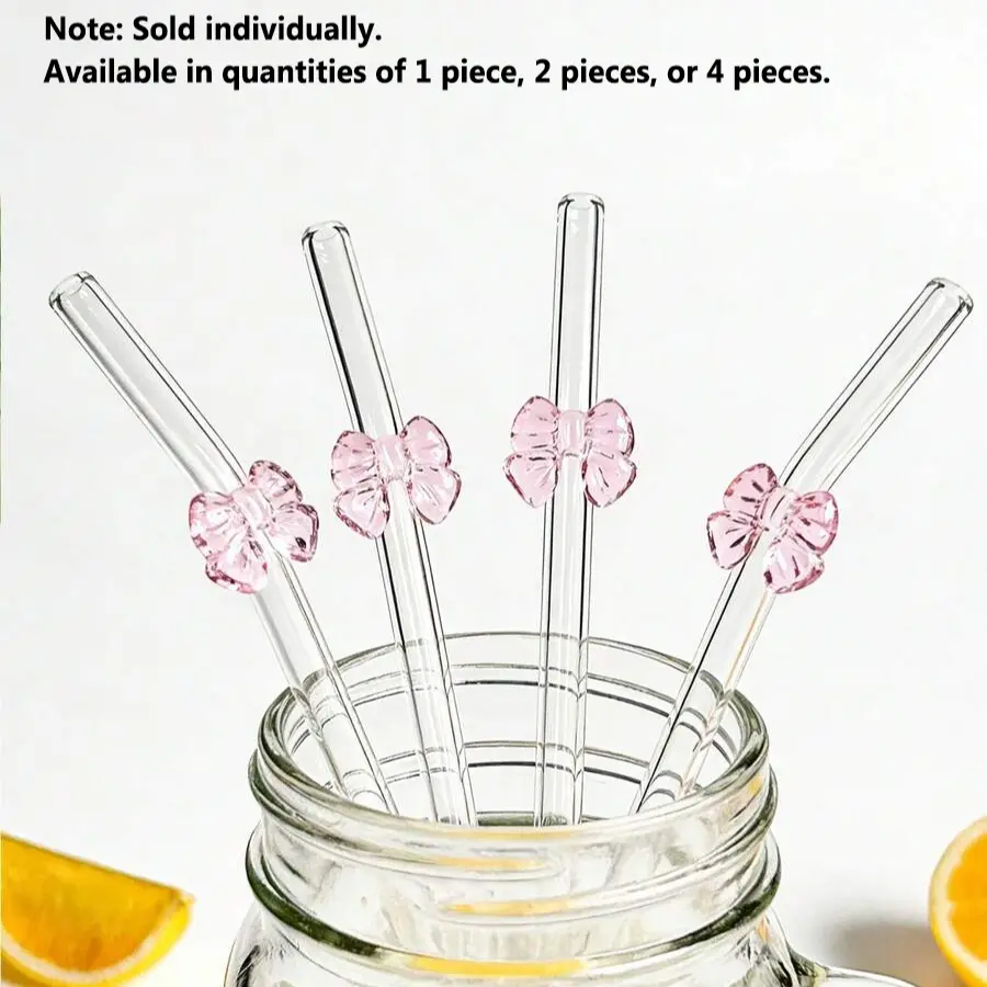 Cute Bow Glass Straw Set, Reusable Bent Transparent Thick Glass Straws, Drink Accessories, Home Bar Accessories, Perfect for Cold Drinks, Coffee, Juice, Party Gifts