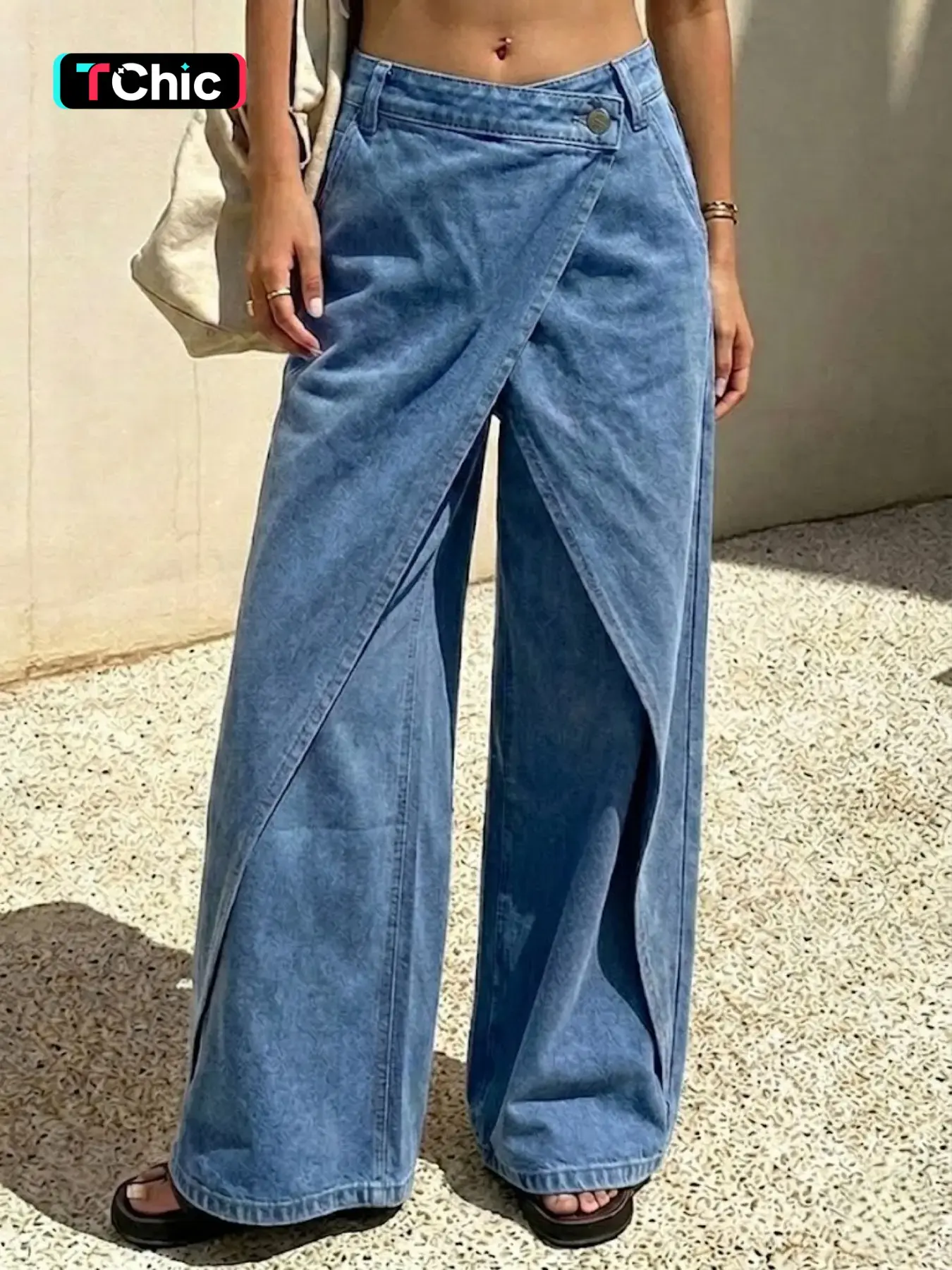 Women’s Non Stretch Denim Wrap Cross Front Wide Leg Jeans, High Waist, Unique Split Design, Casual Street Pants, Elegant Chic Style
