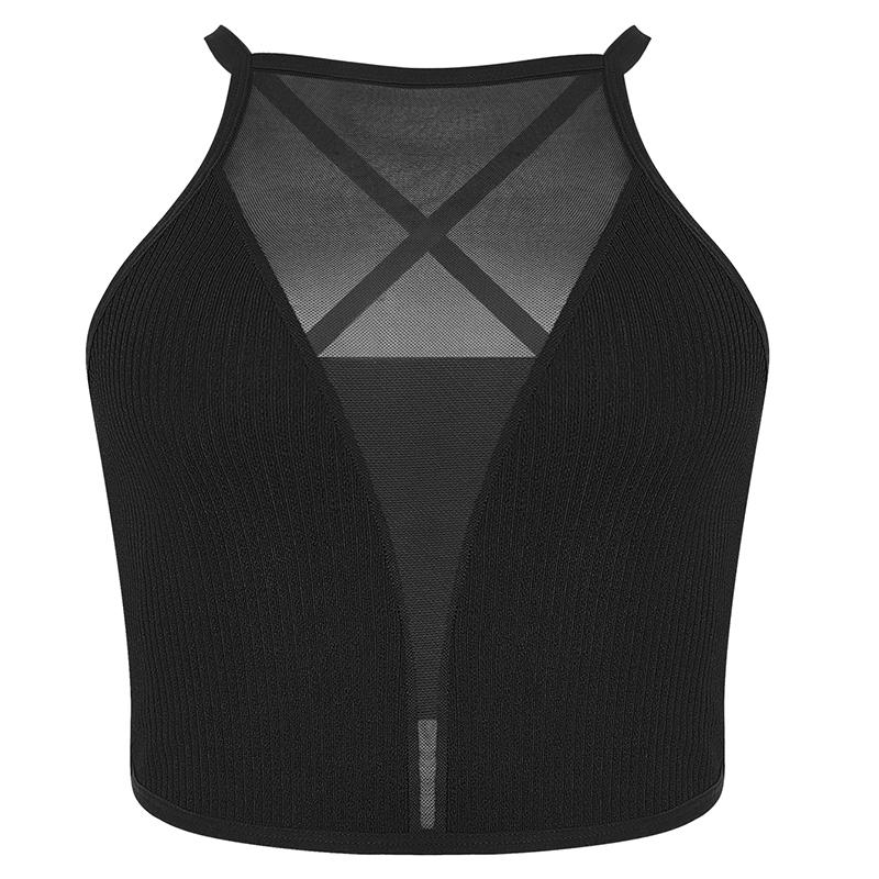 Women's Ribbed Halter Short Crop Top - Minimalist Sleeveless Backless Mesh Bralette, Supportive Stretch Polyamide Vest for Daily Casual Wear, Plus Size