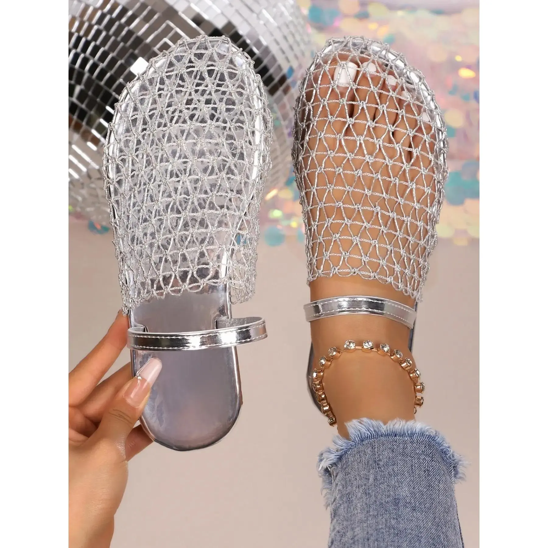 Women's YYW1 Fishnet Weave Hollow-Out Round Toe Flat Slip-On Casual Shoes, Large Sizes, Comfortable Walks for Daily Wear