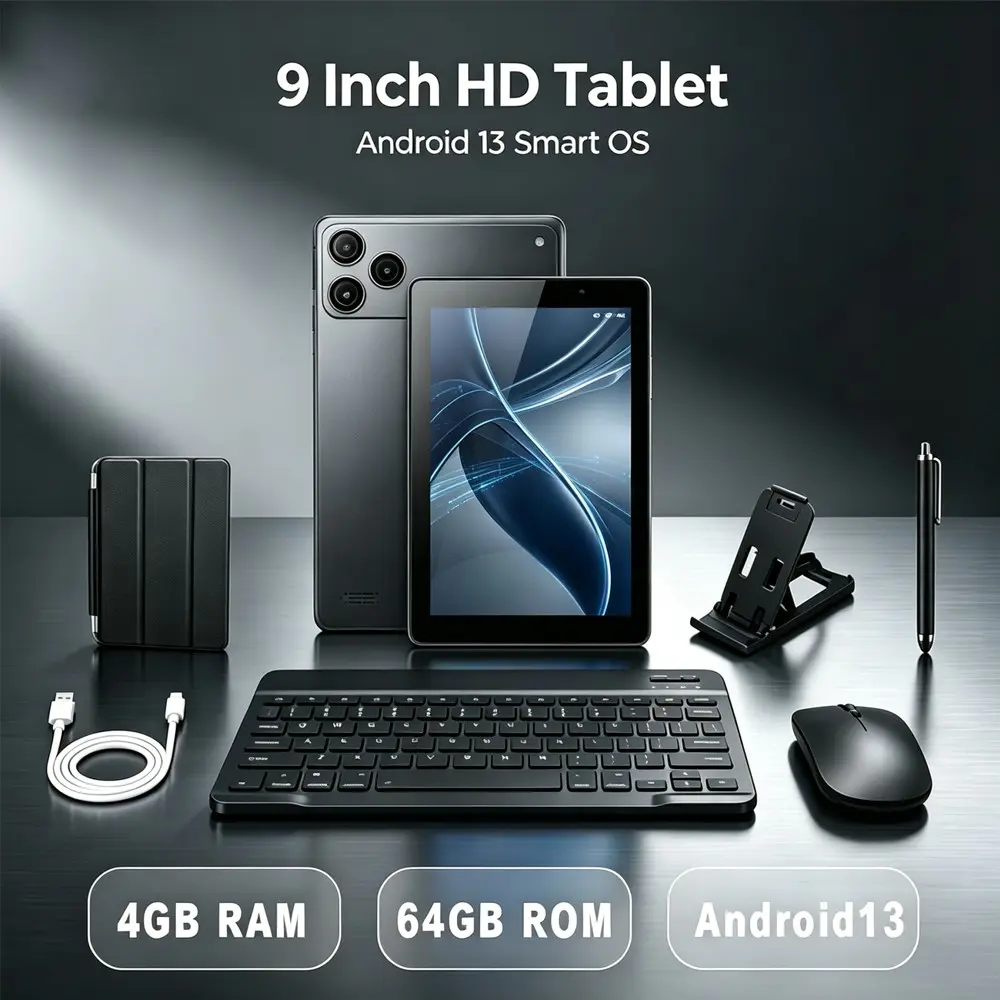 9‑Inch HD Android 13 Tablet PC, 4GB RAM+64GB ROM, WiFi Dual Camera, Complete Accessory Set With Keyboard Mouse Stylus Stand Protective Case Cable, Slim Metal Body, Support Gaming Video Reading, Portable Tablet For Study Entertainment Daily Use