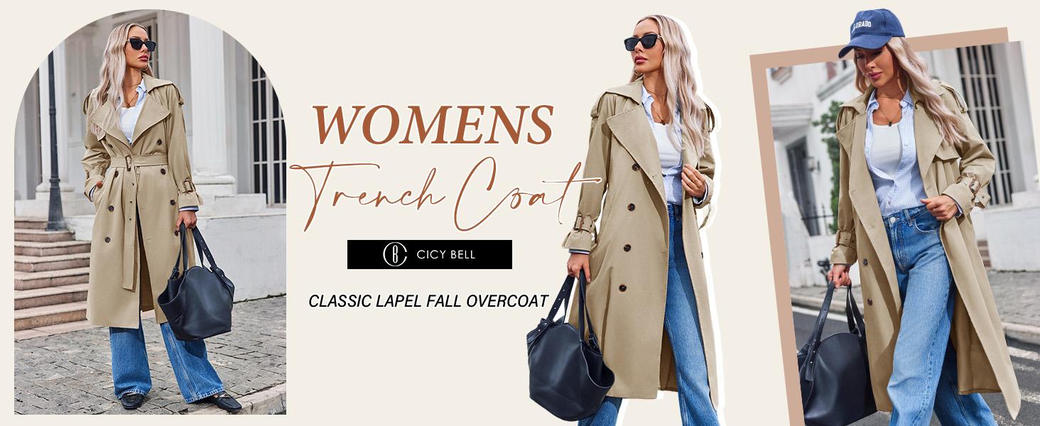 FMEYOA Womens Long Trench Coat Double Breasted Classic Lapel Fall Overcoat with Belt J7K066