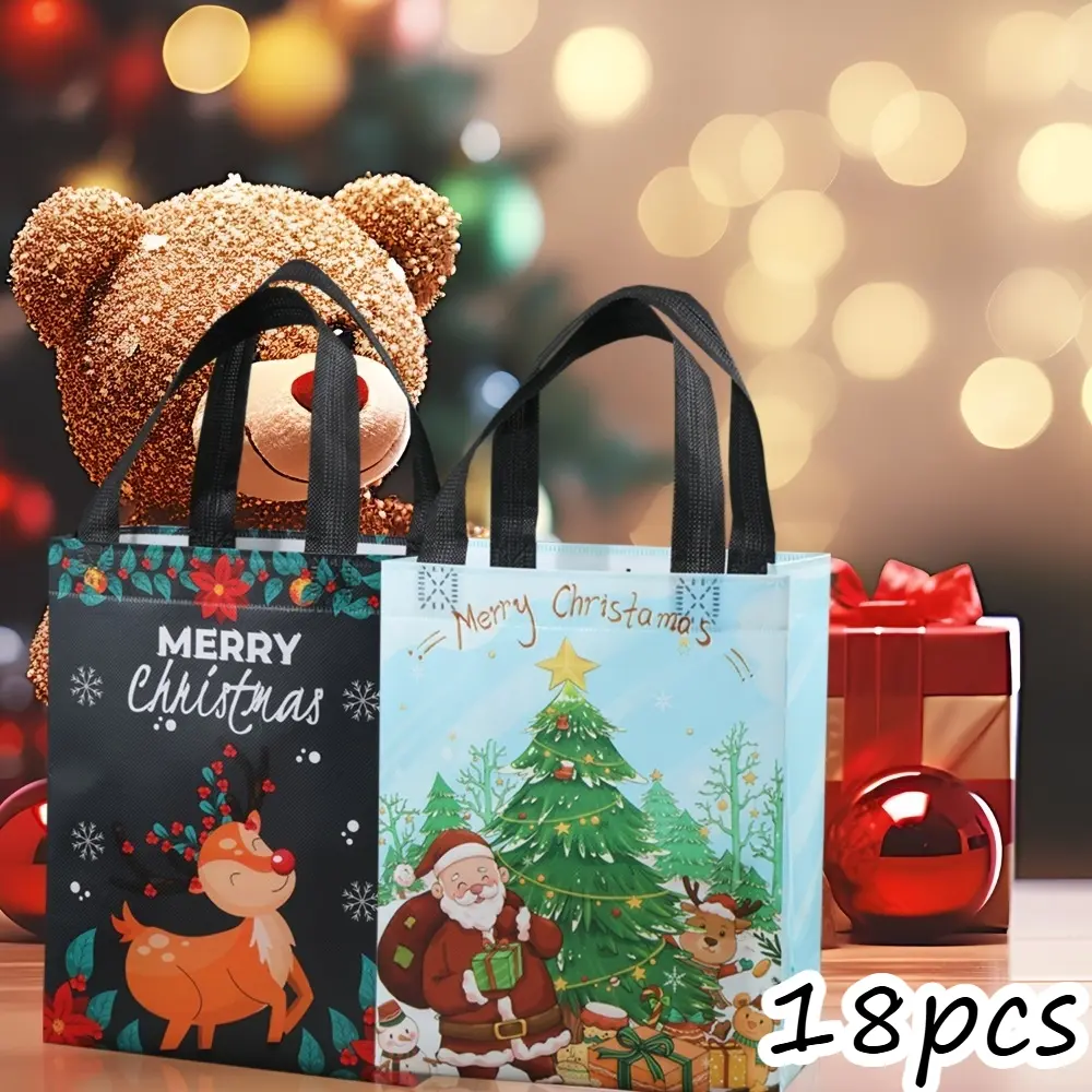 18Pcs Reusable Non-Woven Christmas Gift Tote Bags 6 Designs 3 Each With Handles Xmas Santa Elk Snowman Print Holiday Packaging Pouches For Christmas New Year Party Family Gift Exchange Classroom School Holiday Decor Supplies