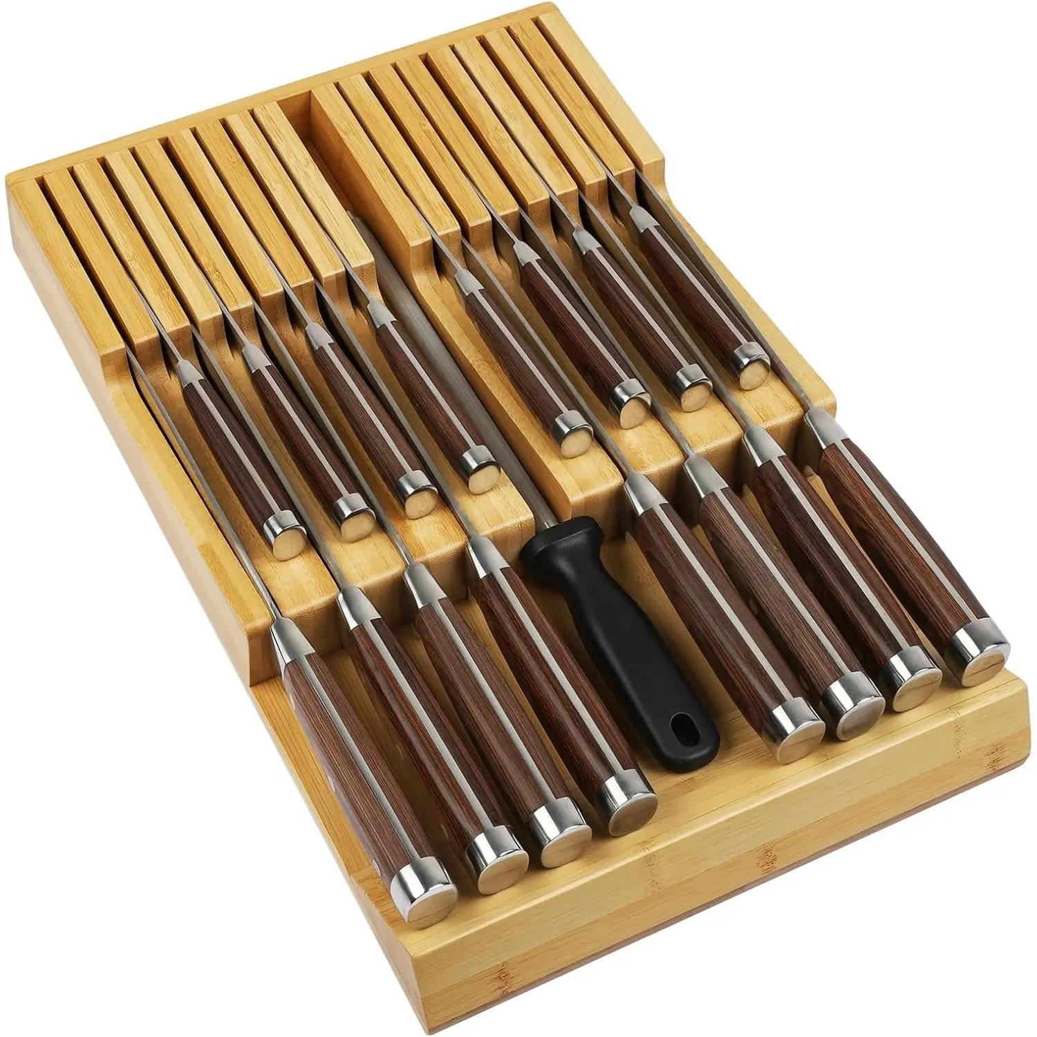 Bamboo Kitchen Drawer Knife Holder, In-drawer Knife Block, Knife Drawer Organizer fit for 16 knives and 1 steel sharpening